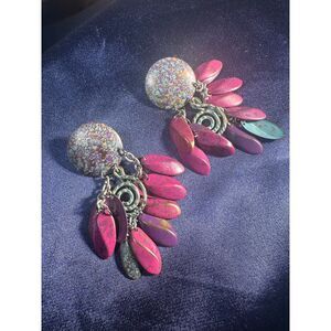 Vintage 1990s Colorful Boho Statement Dangle Earrings Art Jewelry
